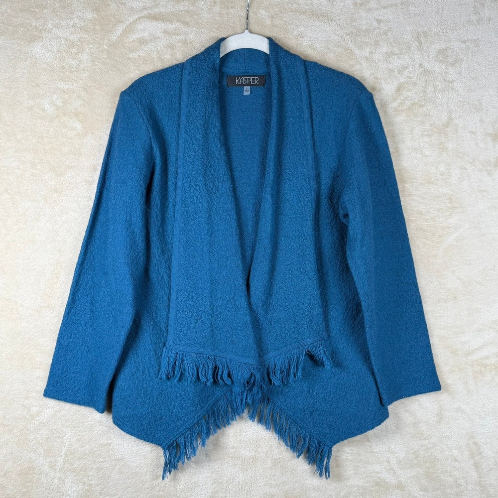 Kasper Women Teal Blue 100% Boiled Wool Fringe Open Front Cardigan Sweater Small